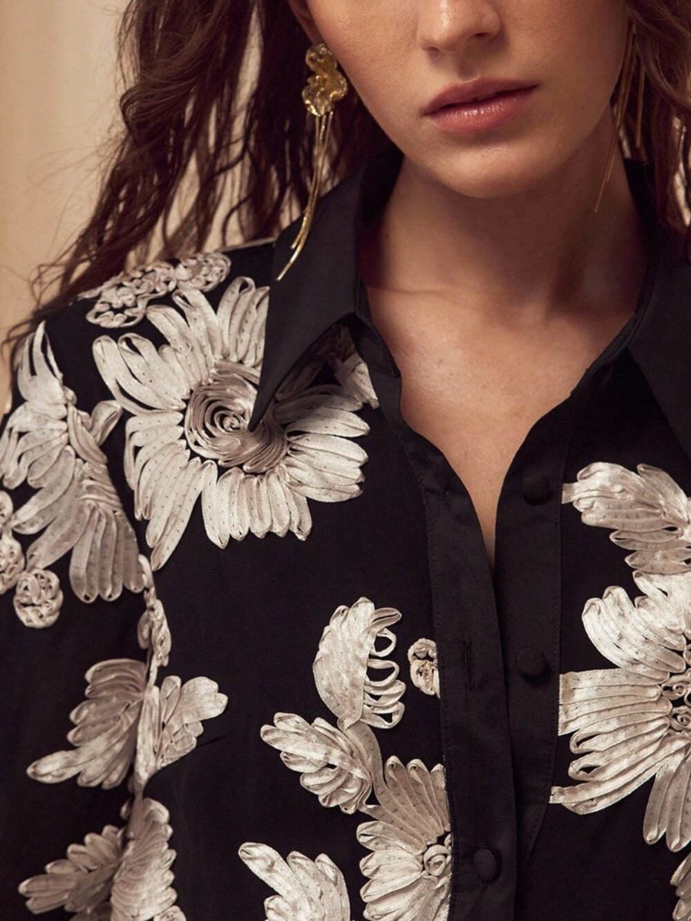 Black Elegant Women's Embroidered Button Up Shirt - Picture 7 of 8